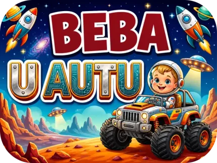 Personalizirani magnet za auto beba u autu s motivom malog astronauta u snažnom svemirskom džipu na narančastoj površini planeta, okruženog raketama koje polijeću, letećim tanjurom i zvjezdanim nebom uz natpis 'U AUTU' u tehnološkom stilu - Stickerai