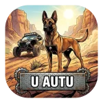 Magnet za auto "U AUTU" s Belgijskim ovčarom - Malinois ispred crnog UTV-a u pustinji, s natpisom na metalnoj ploči sa zupčanicima pod suncem.