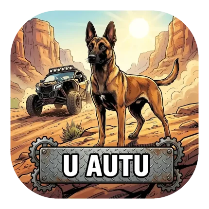 Magnet za auto "U AUTU" s Belgijskim ovčarom - Malinois ispred crnog UTV-a u pustinji, s natpisom na metalnoj ploči sa zupčanicima pod suncem.