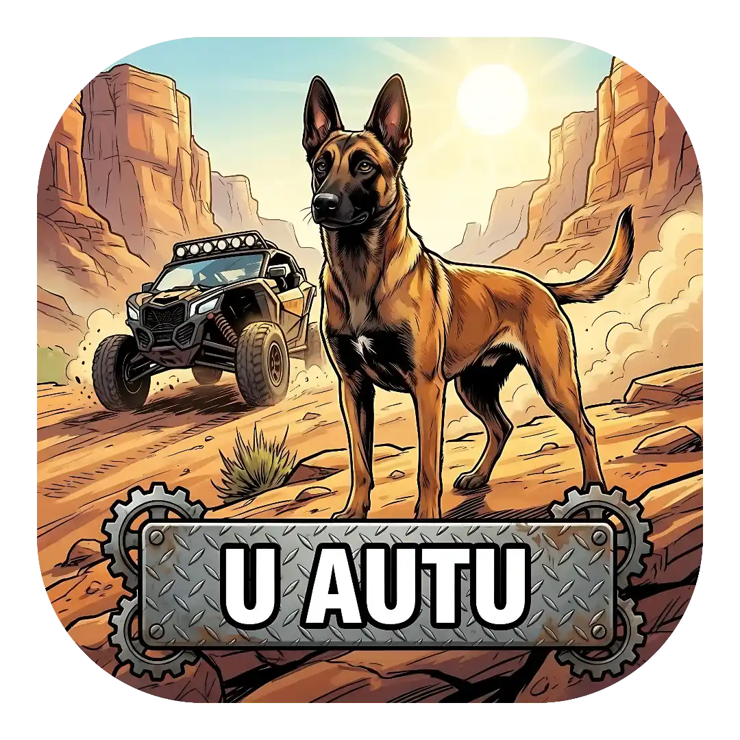 Belgijski ovčar Magnet za auto "U AUTU" s Belgijskim ovčarom - Malinois ispred crnog UTV-a u pustinji, s natpisom na metalnoj ploči sa zupčanicima pod suncem.