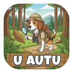 Magnet za auto "U AUTU" s biglom u istraživačkoj opremi, s povećalom, ruksakom i dalekozorom, na šumskom putu iznad drvene table s natpisom.