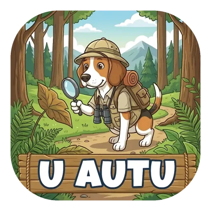 Magnet za auto "U AUTU" s biglom u istraživačkoj opremi, s povećalom, ruksakom i dalekozorom, na šumskom putu iznad drvene table s natpisom.