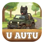Magnet za auto "U AUTU" s crnim Cane Corsom koji vozi blatnjavi zeleni terenac po šumskoj cesti. Natpis se nalazi na rustikalnom drvenom trupcu ispod vozila.
