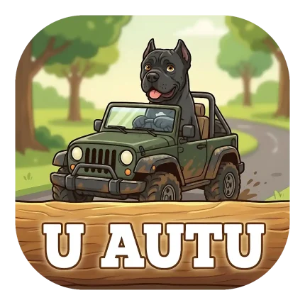 Magnet za auto "U AUTU" s crnim Cane Corsom koji vozi blatnjavi zeleni terenac po šumskoj cesti. Natpis se nalazi na rustikalnom drvenom trupcu ispod vozila.