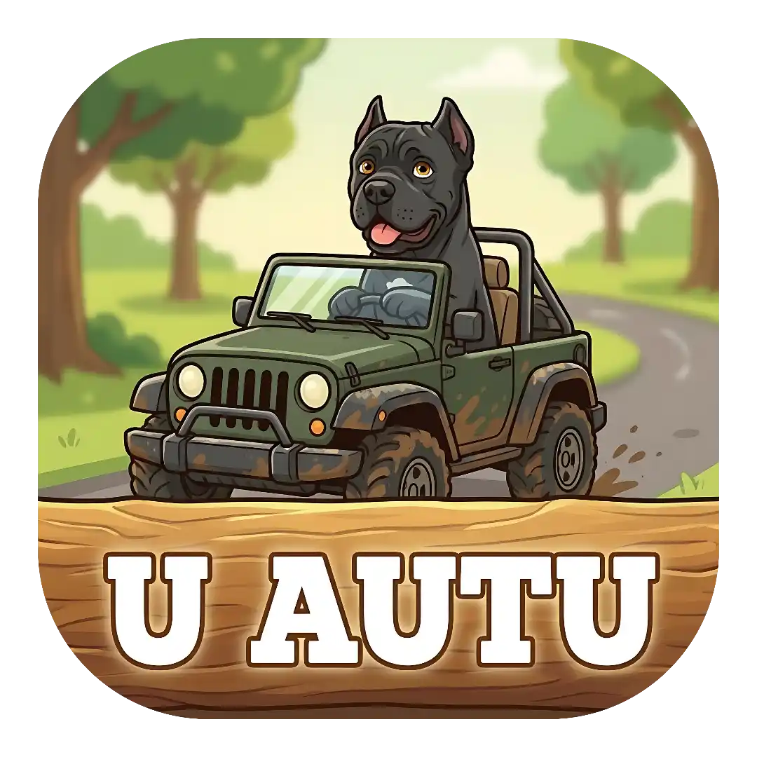 Cane Corso Magnet za auto "U AUTU" s crnim Cane Corsom koji vozi blatnjavi zeleni terenac po šumskoj cesti. Natpis se nalazi na rustikalnom drvenom trupcu ispod vozila.