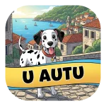 Magnet za auto "U AUTU" s veselim dalmatinskim psom na kamenoj ulici, s mediteranskim primorskim gradom, crvenim krovovima i morem u pozadini. Natpis se nalazi na žuto-plavoj traci.