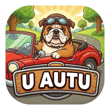 Magnet za auto "U AUTU" s engleskim buldogom koji nosi vintage pilotsku kapu i naočale dok vozi crveni kabriolet po sunčanoj cesti. Natpis se nalazi na drvenoj tabli s metalnim okvirom.