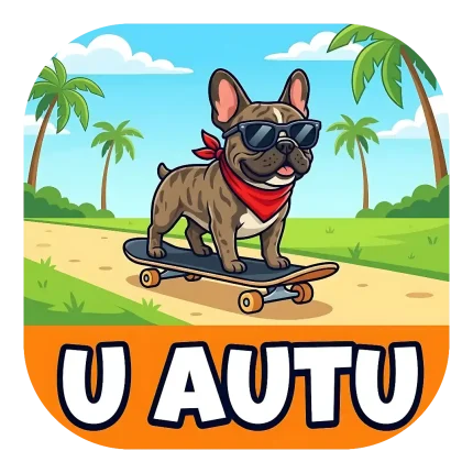 Magnet za auto "U AUTU" s francuskim buldogom koji nosi sunčane naočale i crvenu maramu oko vrata. Pas se vozi na skateboardu po stazi uz plažu obrubljenu palmama. Natpis se nalazi na donjoj narančastoj traci.