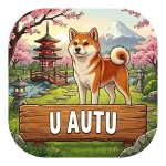 Magnet za auto "U AUTU" s japanskom akitom koja stoji ispred tradicionalnog japanskog vrta, pagode, mostića i planine Fuji u pozadini. Natpis se nalazi na drvenoj podlozi.