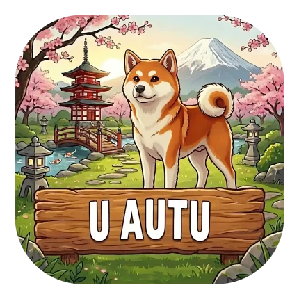 Magnet za auto "U AUTU" s japanskom akitom koja stoji ispred tradicionalnog japanskog vrta, pagode, mostića i planine Fuji u pozadini. Natpis se nalazi na drvenoj podlozi.