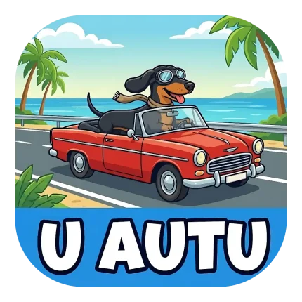 Magnet za auto "U AUTU" s jazavčarom koji nosi naočale i šal dok vozi crveni vintage kabriolet cestom uz more i palme. Natpis se nalazi na donjoj plavoj traci.
