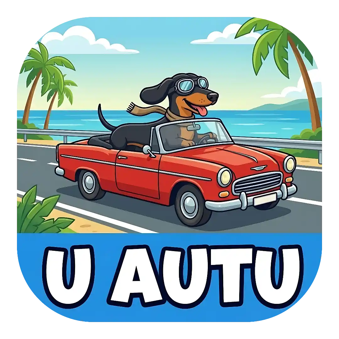 Jazavčar Magnet za auto "U AUTU" s jazavčarom koji nosi naočale i šal dok vozi crveni vintage kabriolet cestom uz more i palme. Natpis se nalazi na donjoj plavoj traci.
