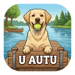 Magnet za auto "U AUTU" s veselim žutim labrador retriverom koji drži tenisku lopticu u ustima. Pas se nalazi na drvenom gatu pored jezera s kanuom u pozadini.
