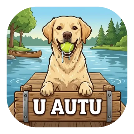 Magnet za auto "U AUTU" s veselim žutim labrador retriverom koji drži tenisku lopticu u ustima. Pas se nalazi na drvenom gatu pored jezera s kanuom u pozadini.