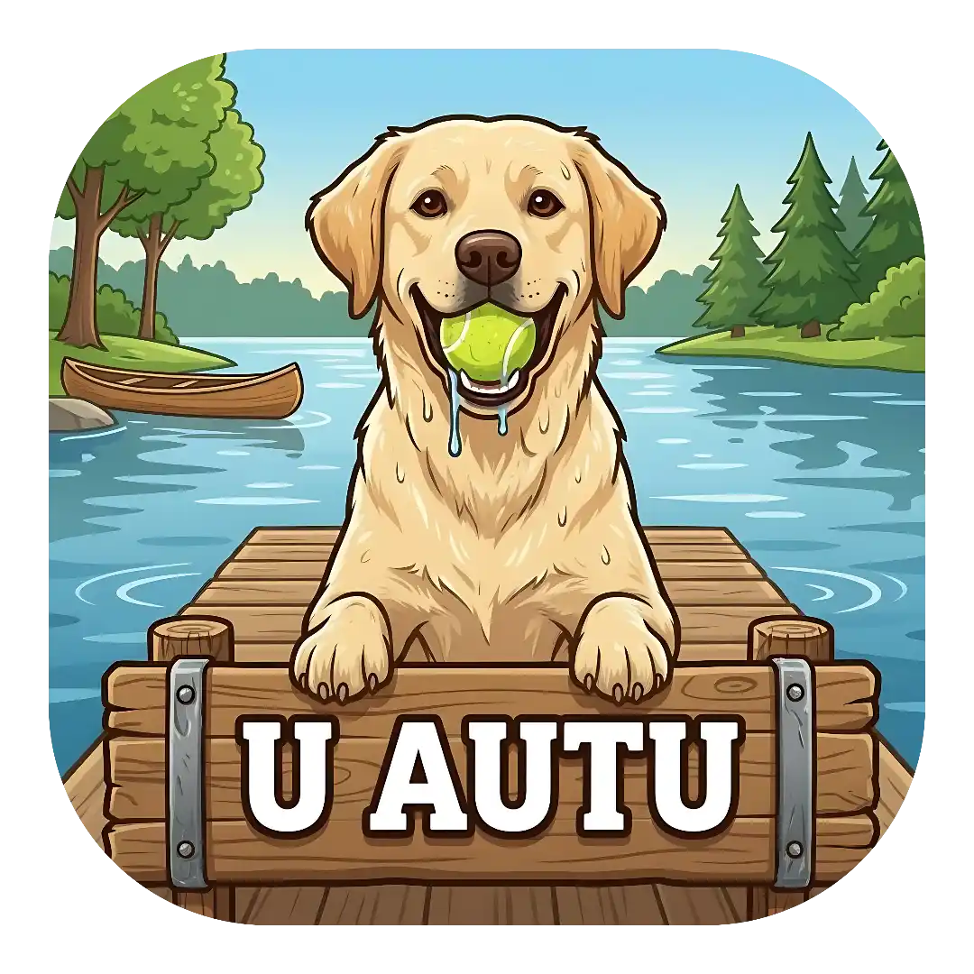 Labrador retriver Magnet za auto "U AUTU" s veselim žutim labrador retriverom koji drži tenisku lopticu u ustima. Pas se nalazi na drvenom gatu pored jezera s kanuom u pozadini.