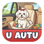 Magnet za auto "U AUTU" s bijelim maltezerom koji ima crvenu mašnu na glavi. Pas sjedi na pahuljastoj sjedalici u unutrašnjosti automobila okružen šarenim igračkama i plišanim medvjedićem.