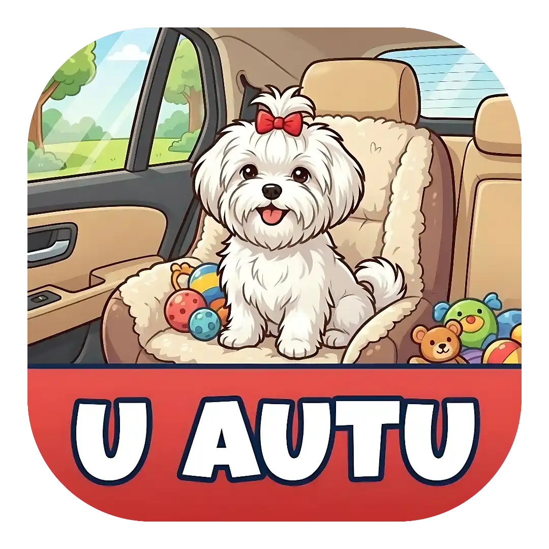 Maltezer Magnet za auto "U AUTU" s bijelim maltezerom koji ima crvenu mašnu na glavi. Pas sjedi na pahuljastoj sjedalici u unutrašnjosti automobila okružen šarenim igračkama i plišanim medvjedićem.