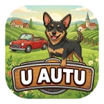 Magnet za auto "U AUTU" s malim međimurskim psom (Međijem) koji stoji na zelenom brežuljku. U pozadini su vinogradi, crveni vintage kabriolet i seoska crkva. Natpis se nalazi na drvenoj tabli s metalnim obrubom.