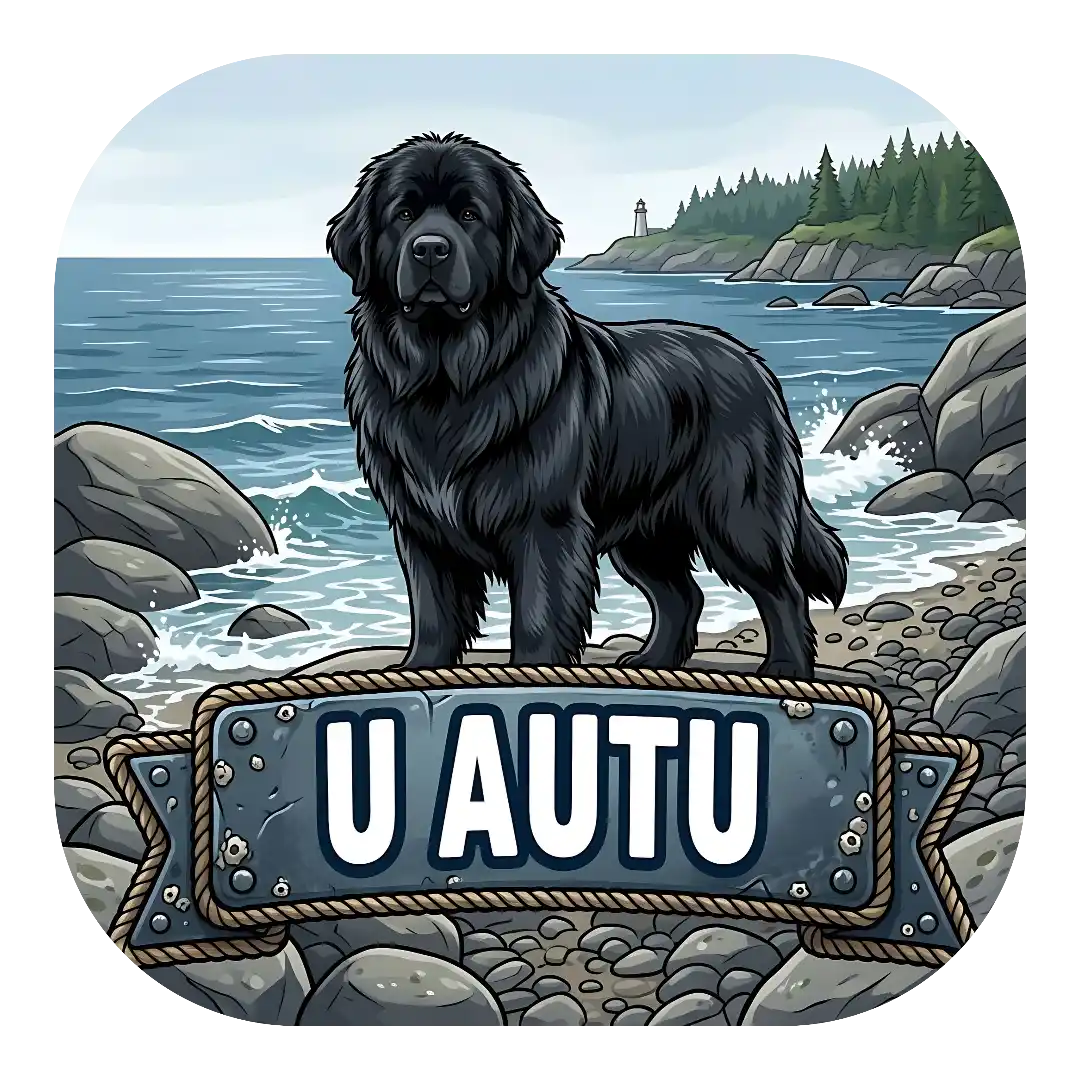 Newfoundland dog Magnet za auto "U AUTU" s veličanstvenim crnim njufaundlenderom na stjenovitoj obali. U pozadini su more, svjetionik i borova šuma. Natpis se nalazi na metalnoj ploči s konopima.