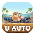 Magnet za auto "U AUTU" s čupavim pomerancem koji nosi sunčane naočale i maramu. Pas sjedi u plavom vintage kabrioletu na cesti uz more i palme, uz veliku kost s mašnom. Natpis je na drvenom trupcu.