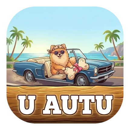 Magnet za auto "U AUTU" s čupavim pomerancem koji nosi sunčane naočale i maramu. Pas sjedi u plavom vintage kabrioletu na cesti uz more i palme, uz veliku kost s mašnom. Natpis je na drvenom trupcu.