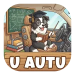 Magnet za auto "U AUTU" s pametnim border kolijem koji sjedi za volanom. Pas nosi naočale i akademsku kapu, drži knjigu i pokazivač ispred školske ploče s matematičkim formulama iznad drvene table s natpisom.