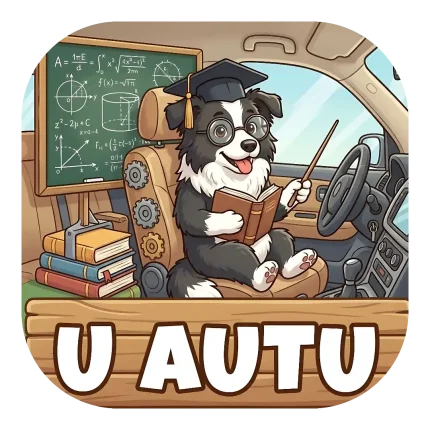 Magnet za auto "U AUTU" s pametnim border kolijem koji sjedi za volanom. Pas nosi naočale i akademsku kapu, drži knjigu i pokazivač ispred školske ploče s matematičkim formulama iznad drvene table s natpisom.