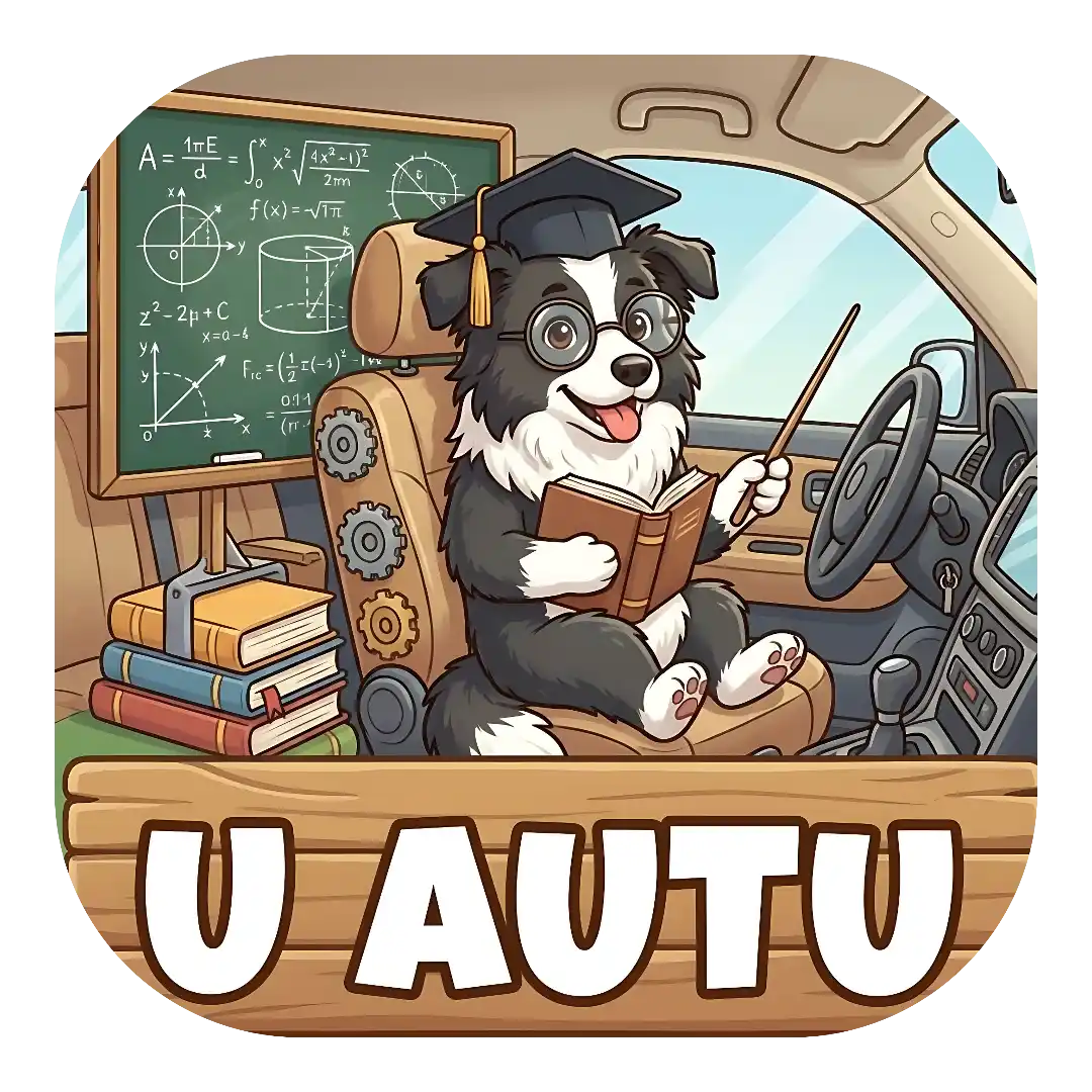 border collie Magnet za auto "U AUTU" s pametnim border kolijem koji sjedi za volanom. Pas nosi naočale i akademsku kapu, drži knjigu i pokazivač ispred školske ploče s matematičkim formulama iznad drvene table s natpisom.