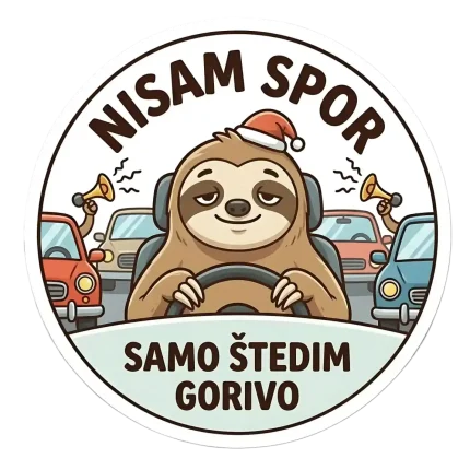 Okrugla magnetna naljepnica s ilustracijom ljenjivca s kapom Djeda Mraza koji smireno vozi automobil, dok mu drugi vozači iza njega trube. Tekst "NISAM SPOR" nalazi se na vrhu, a "SAMO ŠTEDIM GORIVO" na dnu.
