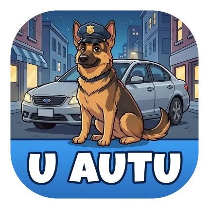 Magnet za auto "U AUTU" s njemačkim ovčarom koji nosi policijsku kapu i sjedi ispred srebrnog automobila na osvijetljenoj gradskoj ulici noću.