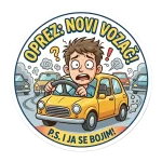 Okrugla magnetna naljepnica za auto s tekstom "OPREZ: NOVI VOZAČ!" na vrhu i "P.S. I JA SE BOJIM!" na dnu. U sredini je ilustracija prestrašenog dečka širokih očiju koji se znoji dok grčevito drži volan malog žutog automobila, s drugim autima i dimom u pozadini.