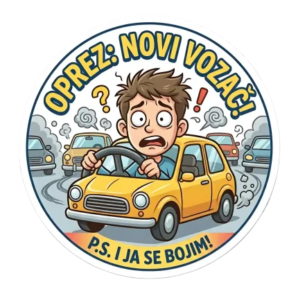 Okrugla magnetna naljepnica za auto s tekstom "OPREZ: NOVI VOZAČ!" na vrhu i "P.S. I JA SE BOJIM!" na dnu. U sredini je ilustracija prestrašenog dečka širokih očiju koji se znoji dok grčevito drži volan malog žutog automobila, s drugim autima i dimom u pozadini.