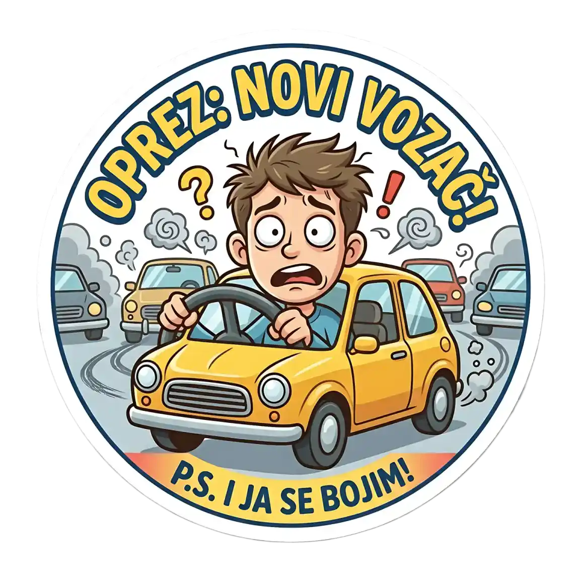 novi vozač Okrugla magnetna naljepnica za auto s tekstom "OPREZ: NOVI VOZAČ!" na vrhu i "P.S. I JA SE BOJIM!" na dnu. U sredini je ilustracija prestrašenog dečka širokih očiju koji se znoji dok grčevito drži volan malog žutog automobila, s drugim autima i dimom u pozadini.