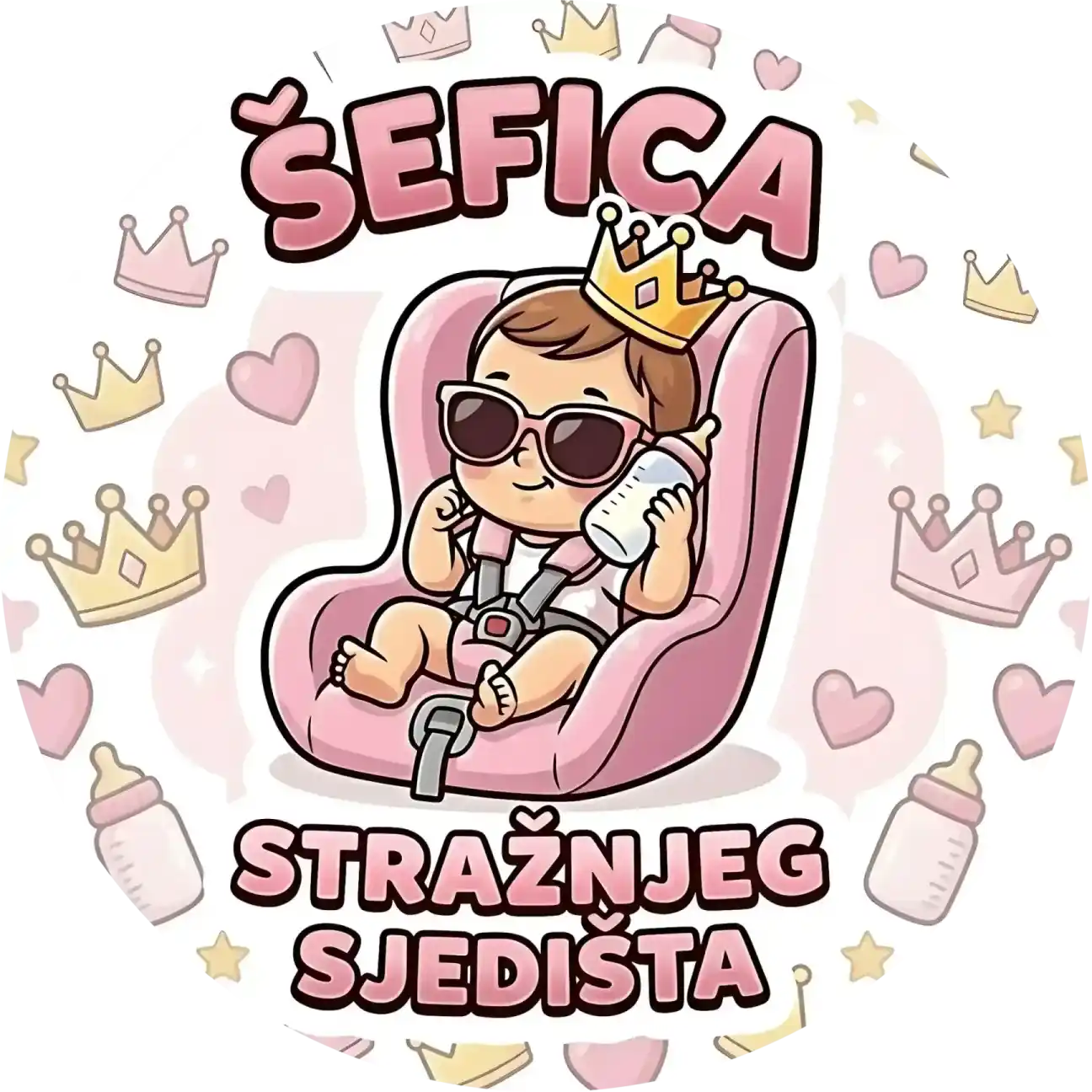 šefica zadnjeg sjedišta magnetna naljepnica za auto "ŠEFICA ZADNJEG SJEDIŠTA" s ilustracijom bebe djevojčice s krunom i sunčanim naočalama kako upravlja futurističkom sjedalicom s ekranima na kojima piše "BOSS"
