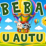 Personalizirani magnet za auto beba u autu s motivom zeca i rakuna u šarenom balonu na vrući zrak ispred nasmijanog sunca i bijelih oblaka - Stickerai