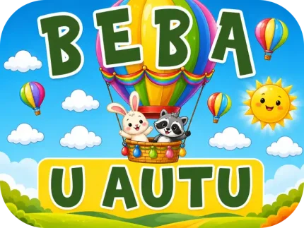 Personalizirani magnet za auto beba u autu s motivom zeca i rakuna u šarenom balonu na vrući zrak ispred nasmijanog sunca i bijelih oblaka - Stickerai
