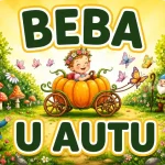 Personalizirani magnet za auto beba u autu s motivom nasmijane djevojčice s cvjetnim vjenčićem u kočiji od bundeve koju vuku leptiri u čarobnom vrtu s patuljcima, vilama i gljivama - Stickerai