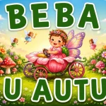 Personalizirani magnet za auto beba u autu s motivom nasmijane djevojčice s cvjetnim vjenčićem u kočiji od velikog ružičastog cvijeta okružene malim vilama u rascvjetanom vrtu s ružama i natpisom 'U AUTU' izrađenim od zelenog lišća - Stickerai