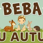 Personalizirani magnet za auto beba u autu s motivom djevojčice s mašnom koja sjedi na travi u društvu laneta, zeca, ježa i ptičica na svijetlozelenoj pozadini - Stickerai