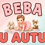 Personalizirani magnet za auto beba u autu s motivom male djevojčice u ružičastoj tutu haljinici koja puže na jastučiću uz plišanog zeca i malo lane na pastelnoj pozadini - Stickerai