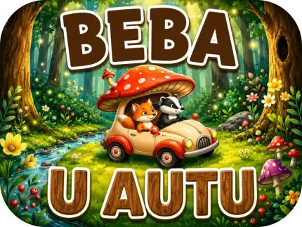 Personalizirani magnet za auto beba u autu s motivom vesele lisice i jazavca koji se voze u bež retro autiću s krovom od goleme crvene gljive kroz bajkovitu šumu pored potoka, uz natpis 'U AUTU' s izraženom teksturom drveta - Stickerai