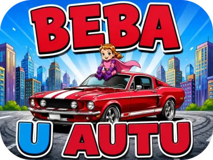Personalizirani magnet za auto beba u autu s motivom male heroine koja sjedi na crvenom sportskom automobilu s bijelim prugama ispred gradskih nebodera - Stickerai