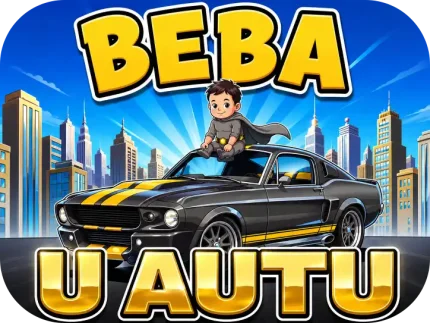 Personalizirani magnet za auto beba u autu s motivom malog heroja u sivom kostimu s plaštom koji sjedi na crnom sportskom automobilu sa žutim prugama ispred gradskih nebodera i zlatnim natpisom 'U AUTU' - Stickerai