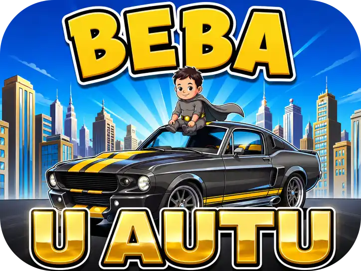 Magnetna Naljepnica za Auto – Heroj u Autu Personalizirani magnet za auto beba u autu s motivom malog heroja u sivom kostimu s plaštom koji sjedi na crnom sportskom automobilu sa žutim prugama ispred gradskih nebodera i zlatnim natpisom 'U AUTU' - Stickerai