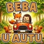 Personalizirani magnet za auto beba u autu s motivom vesele lisice i ježića koji se voze u narančastom retro autiću kroz idiličnu šumu, uz pratnju vjeverica na cvjetnoj livadi i natpis 'U AUTU' u šumskom stilu - Stickerai