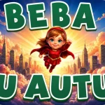Personalizirani magnet za auto beba u autu s motivom male heroine u crvenom kostimu s plaštom koja neustrašivo leti iznad gradskih nebodera i dramatičnih oblaka uz natpis 'U AUTU' izrađen od svjetlećih zelenih kristala - Stickerai