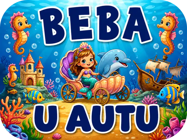 Magnetna Naljepnica za Auto – Mala Sirena i Prijatelj Dupin Personalizirani magnet za auto beba u autu s motivom male sirene u kočiji od školjke u društvu veselog dupina u bogatom podmorju s dvorcem, potonulim brodom, morskim konjicima i šarenim koraljima - Stickerai