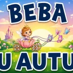Personalizirani magnet za auto beba u autu s motivom male princeze vile u kočiji od ružičastog cvijeta koju vuku ljubičasti leptiri kroz livadu s dvorcem u pozadini i šarenim gljivama - Stickerai