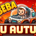 Personalizirani magnet za auto beba u autu s motivom malog astronauta u roveru na površini Marsa s crvenim planinama i Zemljom u pozadini uz natpis 'U AUTU' na braniku vozila - Stickerai