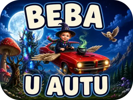 Personalizirani magnet za auto beba u autu s motivom malog čarobnjaka s kapom i šalom u letećem crvenom automobilu s krilima ispred magične kule i velikog mjeseca - Stickerai